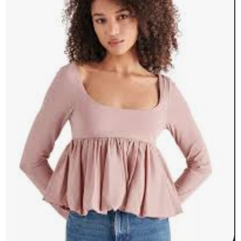 Steve Madden Avielle Pink Square Neck Peplum Long Sleeve Top Size Medium - Picture 2 of 7